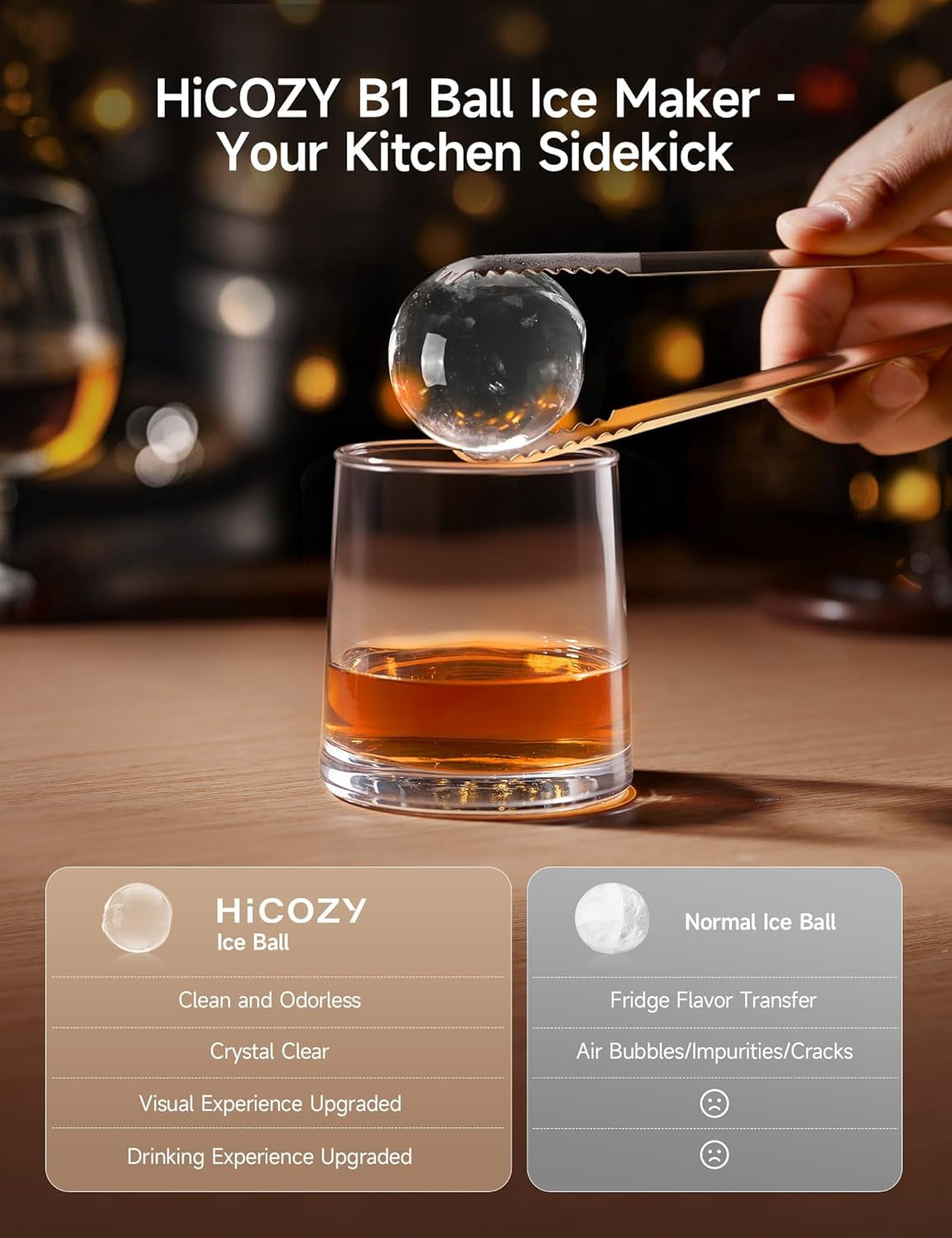 HiCOZY Ice Maker Clear Ice Ball Maker Countertop, Sphere Ice Maker with IcyGem Technology, 2 Ice Balls in 60Mins, 40 pcs/Day, Self-Cleaning Ice Machine with Ice Tong for Cocktails, Whiskey & Bourbon