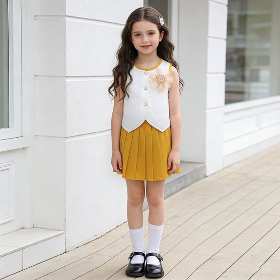 hengsof Girls 2 Piece Skirt Set Floral Sleeveless Button Down Shirt Pleated Skirt Cute Set Summer Round Neck Fashion Shirt Sweet Set