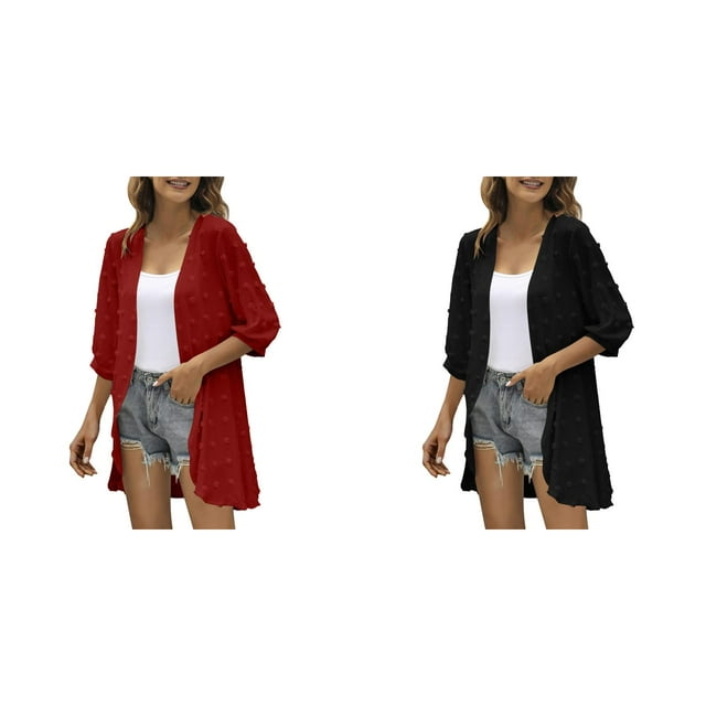 (2-Pack) Kcodviy Women Casual Cardigan Three Plus Size Sweaters for Women Quarter Sleeve Open Front Womens Fringe Cardigan Lightweight Dots Cardigan Draped Cardigans for Summer Women Ruffles Cardiga