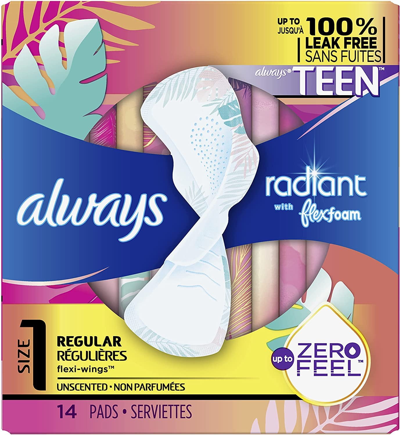 Always Radiant Teen Pads Regular Absorbency Unscented, 14 Count