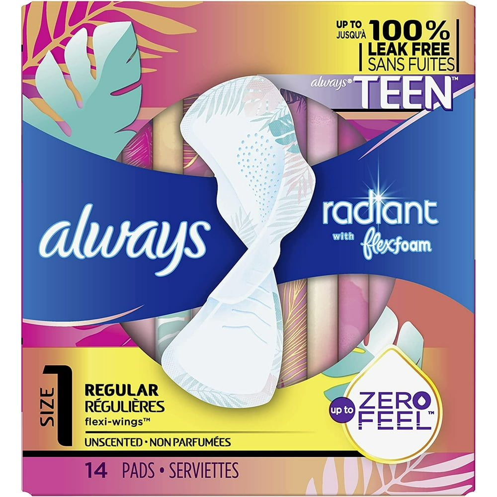 Always Radiant Teen Pads Regular Absorbency Unscented, 14 Count