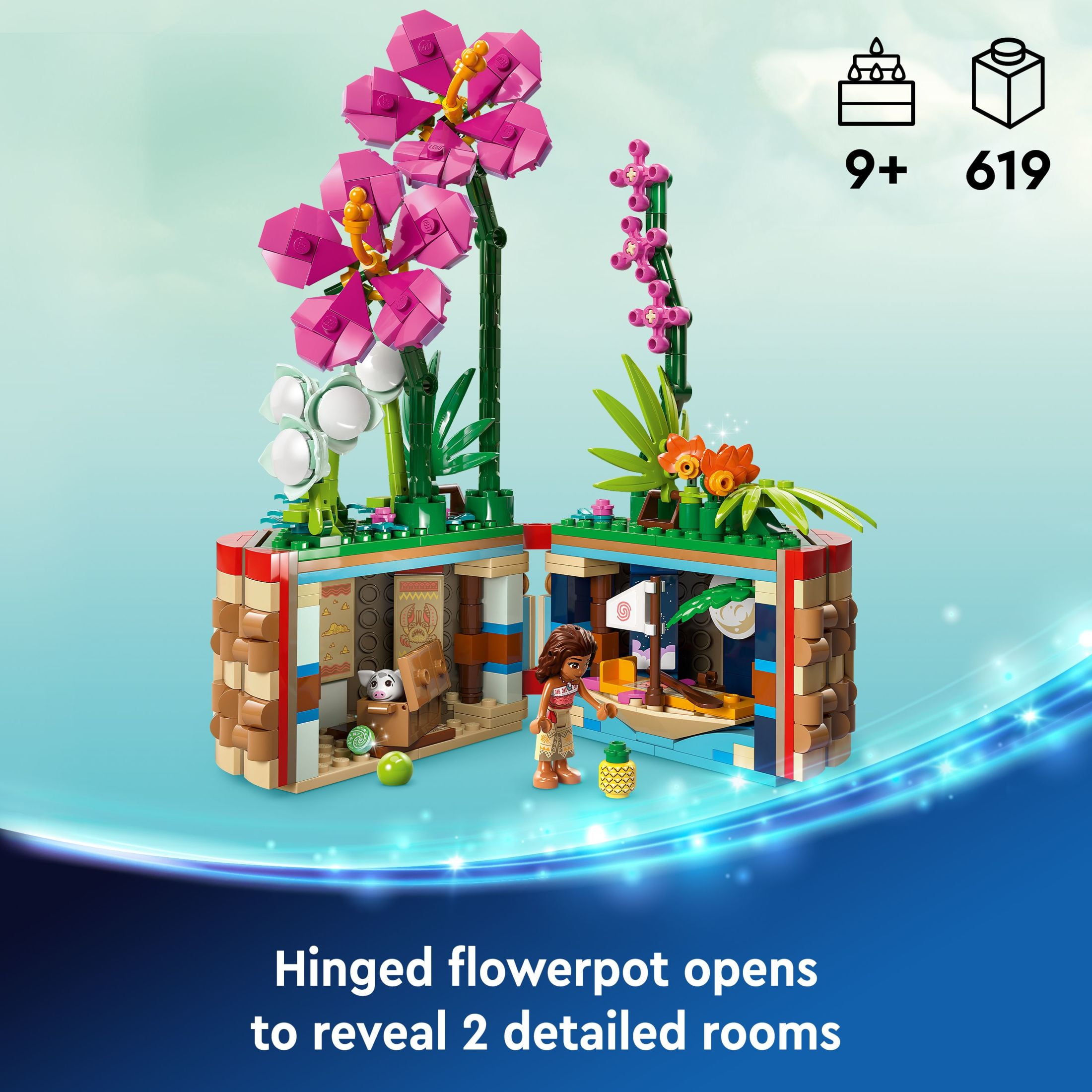 LEGO | Disney Moana’s Flowerpot Buildable Flower Toy, Playset for Kids Includes Pig Figures, Moana Doll, Hidden Room, and Sailboat, Disney Birthday Gift Idea for Girls and Boys, 43252