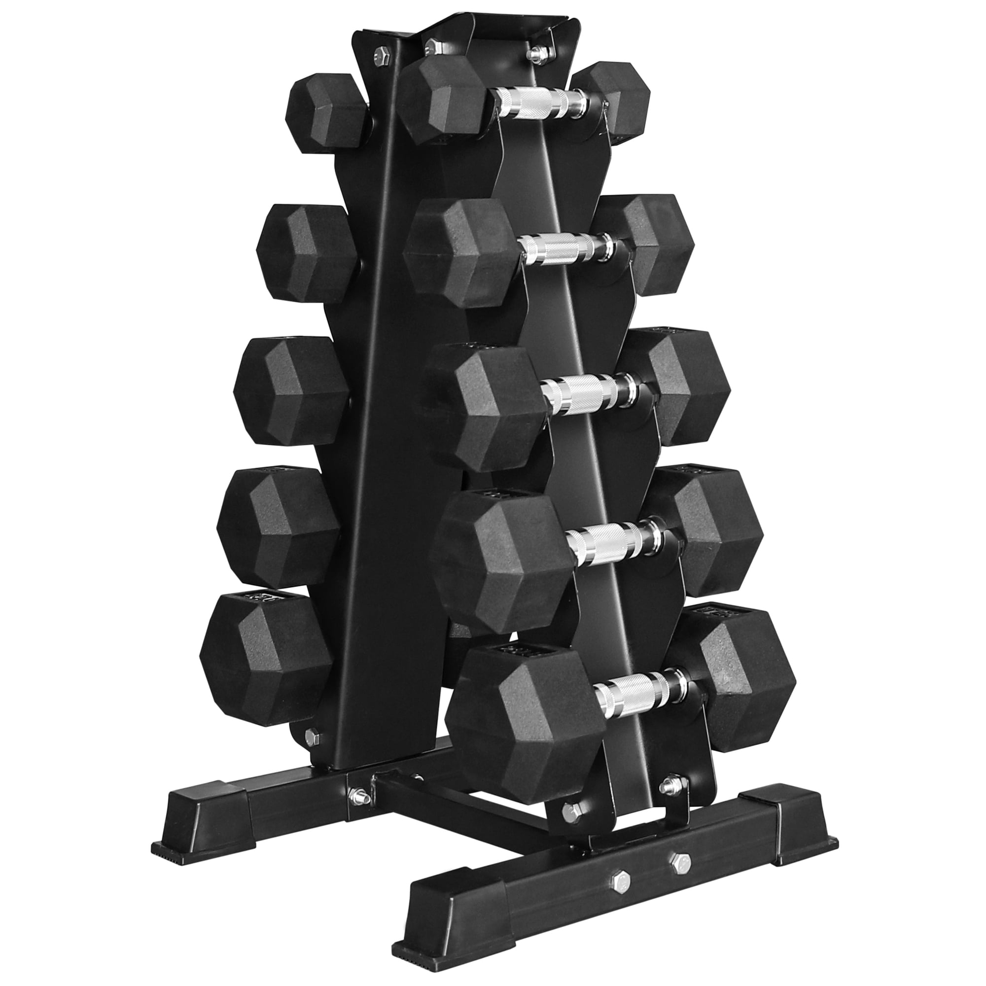 BalanceFrom 150LB Coated Hex Dumbbell Weight Set and A-Frame Storage Rack, 5-25 lbs Pairs