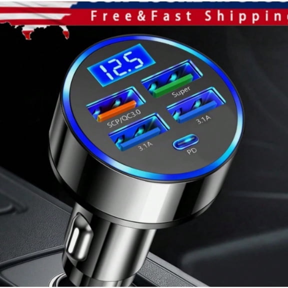 Super Fast Charge USB C Car Phone Charger Adapter 5 in 1 with Voltage Display 250W Multi Port Cigarette Lighter USB Charge for All Your Devices with Battery Voltage