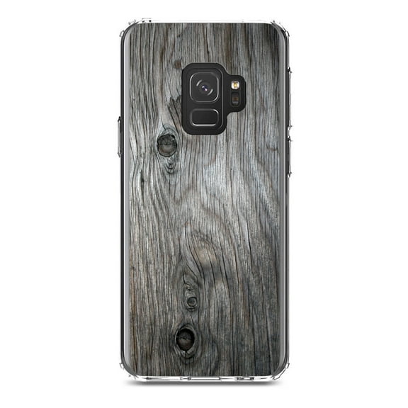 DistinctInk Clear Shockproof Hybrid Case for Samsung Galaxy S9 (5.8" Screen) - TPU Bumper, Acrylic Back, Tempered Glass Screen Protector - Grey Weathered Wood Grain Print - Printed Wood Grain Image