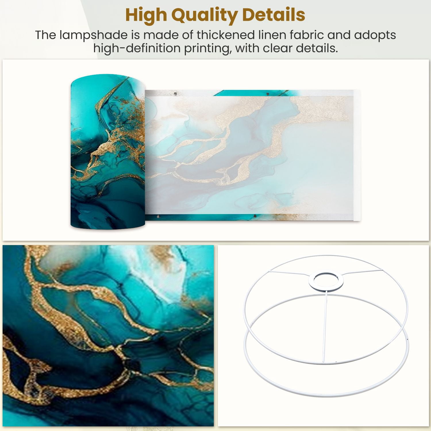 Linen Drum Lampshades Pastel cyan mint liquid marble watercolor gold lines brush stains Teal 13"x13"x10" Light Shade for Table Lamps Floor Lamp Shades Lampshade Replacement Assembly Required