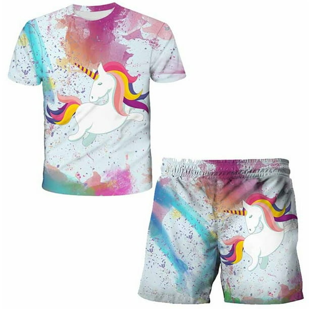 Ropa bonita de unicornio para niños, conjunto de 2 piezas con estampado de unicornio + Pantalones cortos, ropa de pantalón, traje de manga corta para bebés y niños pequeños, Outfit3T Gao Jinjia LED