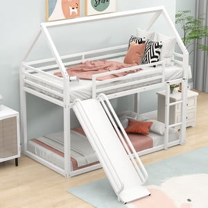 Euroco Twin Over Twin House Bunk Bed with Slide, White