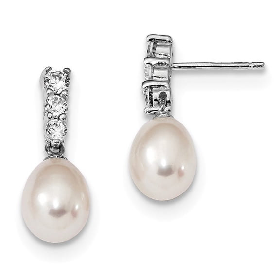 Sterling Silver Rh 7-8mm White Freshwater Cultured Pearl Cubic Zirconia Post Earrings - Measures 19x