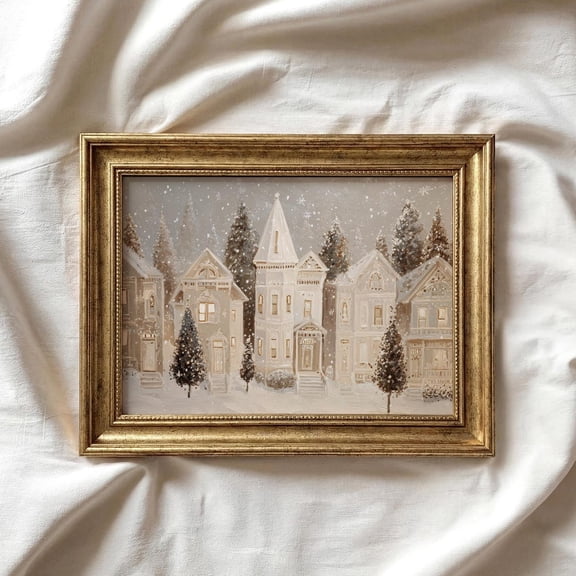 Neutral Christmas Village Snowy Winter Rustic Decor Wall Art
