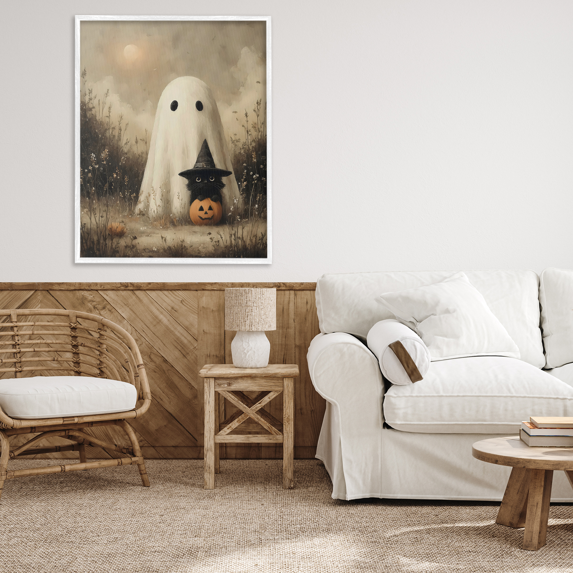 Ghost with Black Kitten White Framed Giclee Art, design by Arlington Prints