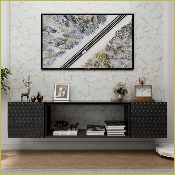 TV Furniture Floating TV Stand for 80 Inch TVs | Contemporary Black MDF | 220 lbs Capacity