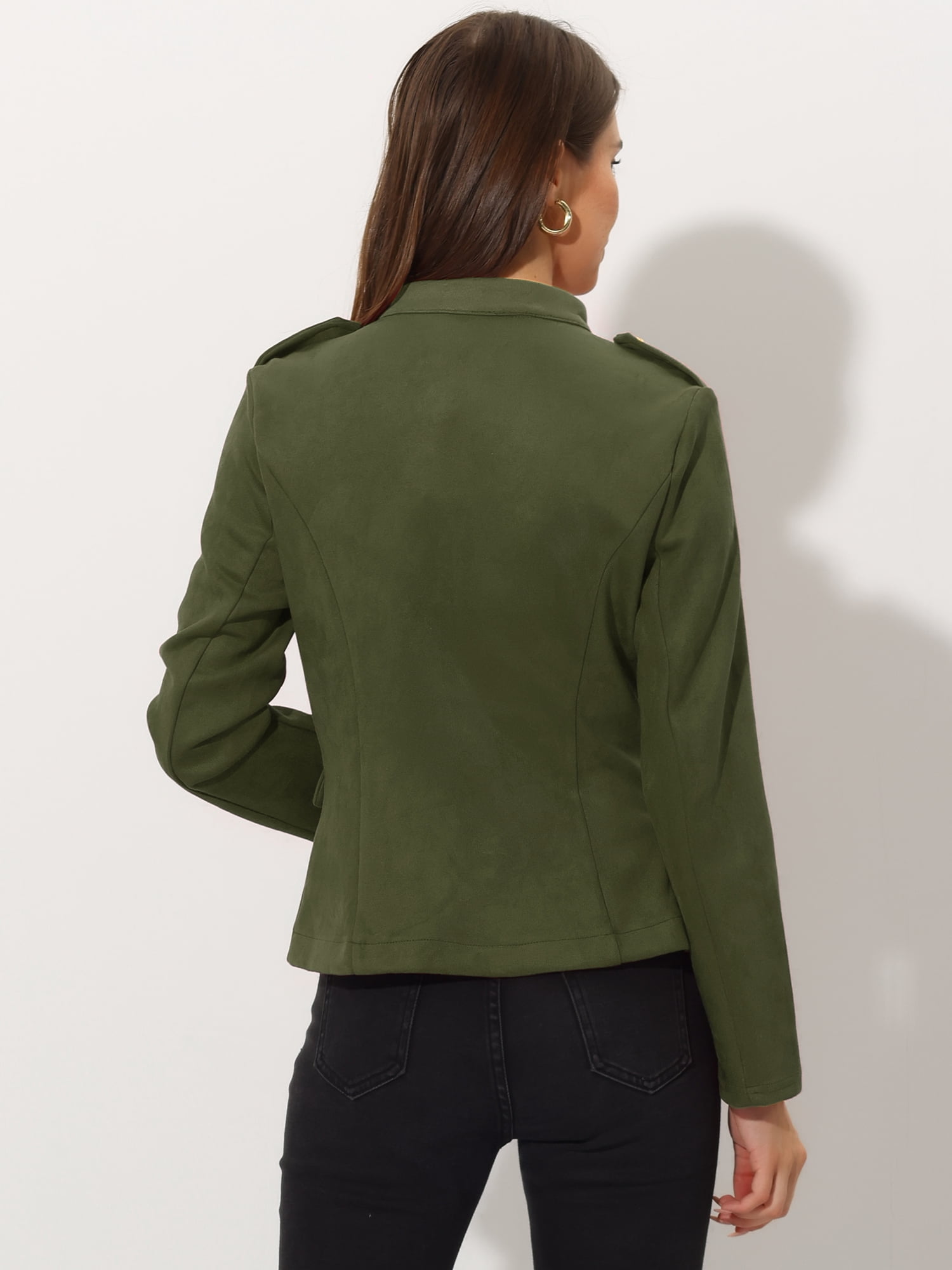 DARING DIVA Faux Suede Long Sleeve Button Decor Steampunk Jacket M Green