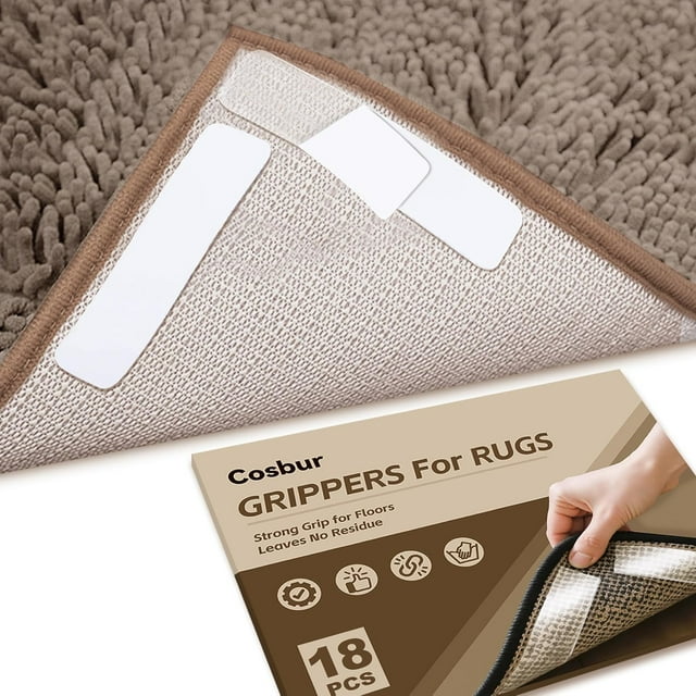 Cosbur Non Slip Rug Grippers, Large Carpet Stickers for Area Rugs Removable, Rug Stickers for Wood Floor Without Residue, 18Pcs Double Sided Rug Carpet Tape Strips