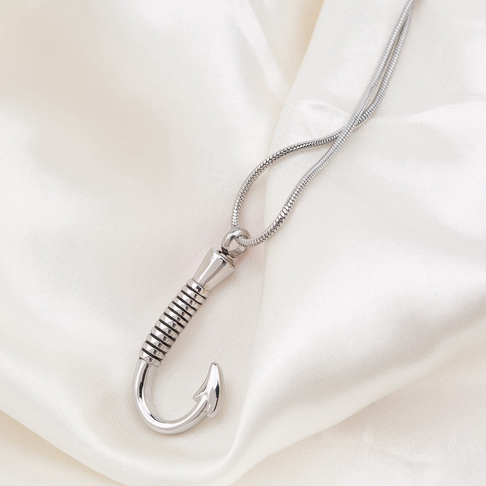 Memorial Necklace Premium Silver Fishing Hook Ashes Container Stainless Steel Cremation Jewelry with Free Funnel kit and Velvet Jewelry Box