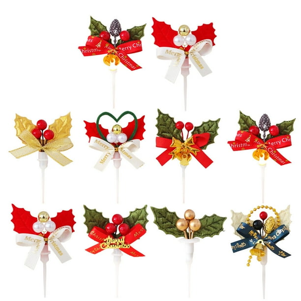 10 adornos navideños para pasteles, corona navideña 3D con lazo, ideales para decorar cupcakes y fiestas (estilo aleatorio).