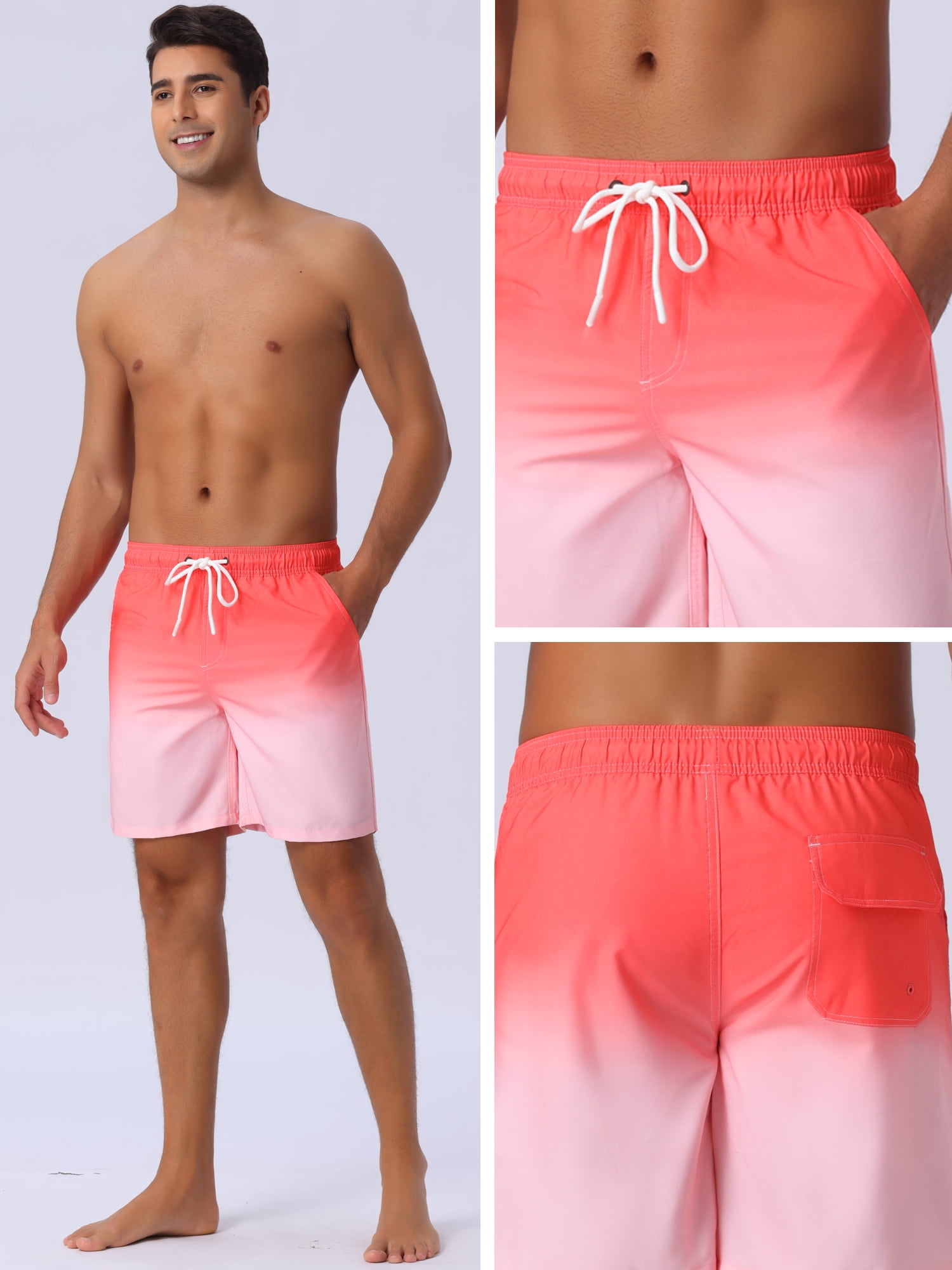 DARING DIVA Men's Gradient Color Drawstring Elastic Waist Lining Swimming Trunks 34 Pink