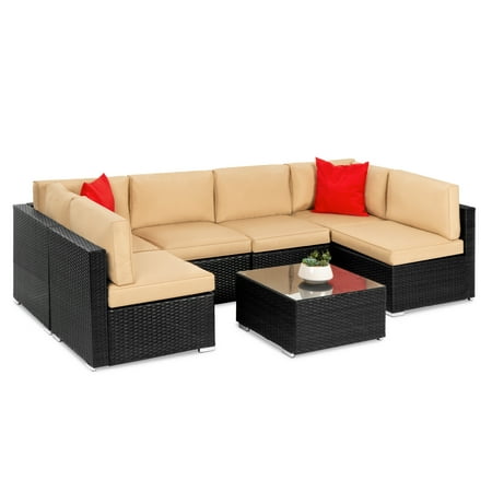 Best Choice Products 7-Piece Modular Outdoor Conversational Furniture Set, Wicker Sectional Sofas w/ Cover - Black/Tan