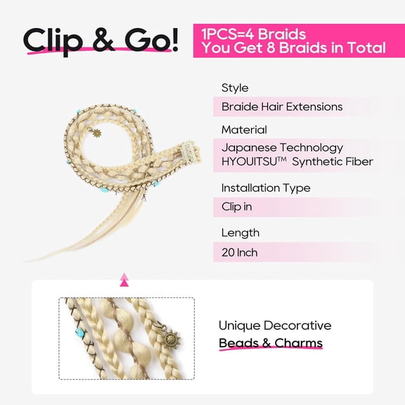 WEIF-Clip in Braid Hair Extensions for Women, 16" Boho Dreadlock Clip in Braids with Beads & Charms, 2PCS Handmade Synthetic Braided Hairpieces for Cosplay Daily Styling, Light Blonde