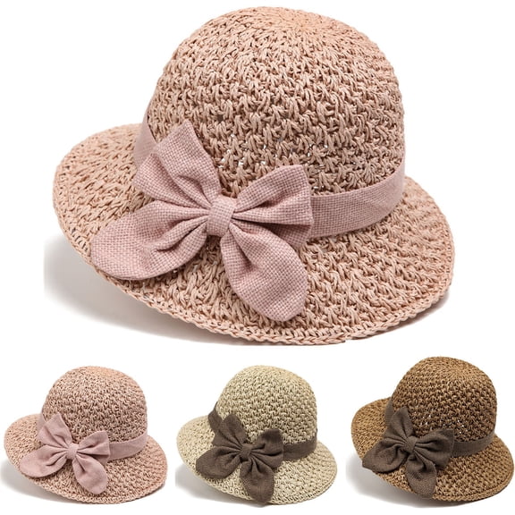 FUZHIQ Elegant Woven Straw Sun Hat with Bow Summer Beach Gardening Sun Straw Hats for Women Wide Brim Packable Travel Bucket Hats