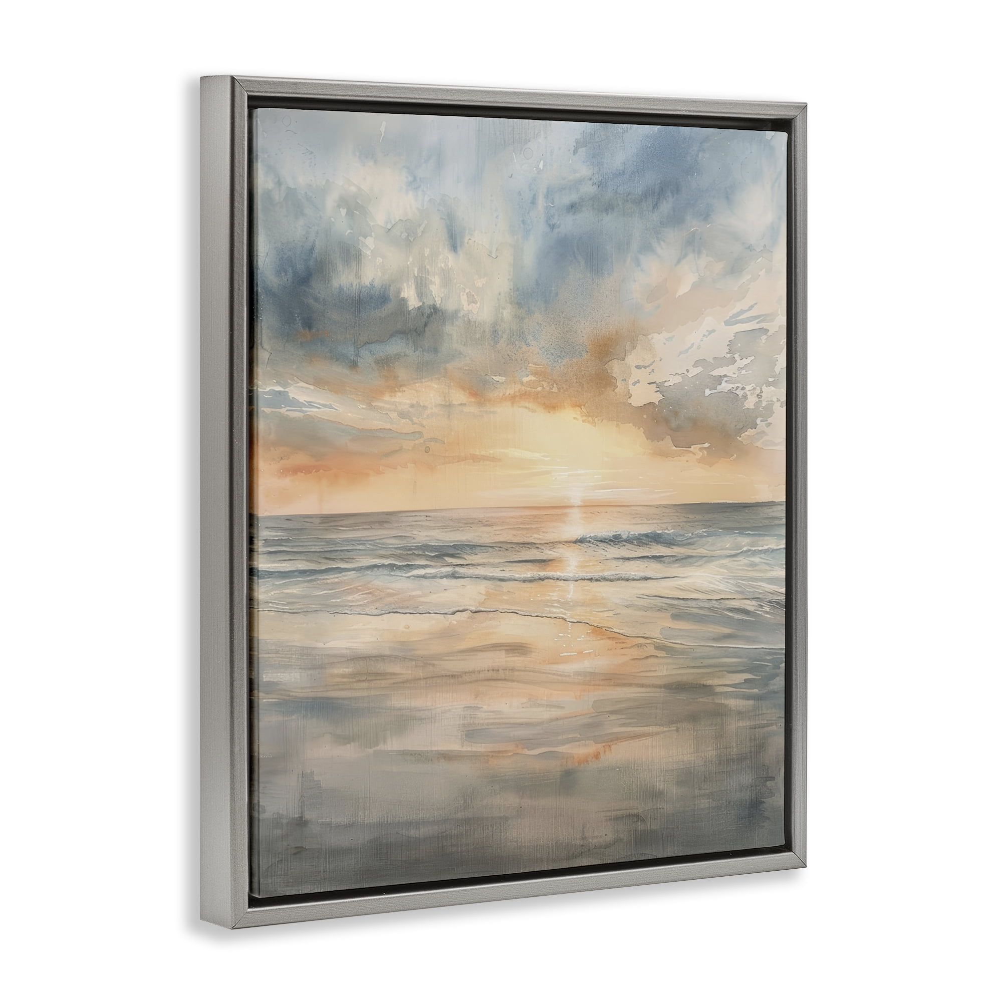 Stupell Industries Coastal Sunset over Gentle Waves Gray Framed Floater Canvas Wall Art, design by Petal Prints Design
