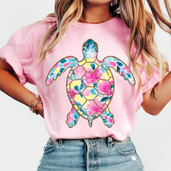 Preppy Floral Sea Turtle Shirt, Watercolor Summer Beach Shirt, Cute Coastal Ocean Shirt, Girly Tropical T-Shirt Graphic