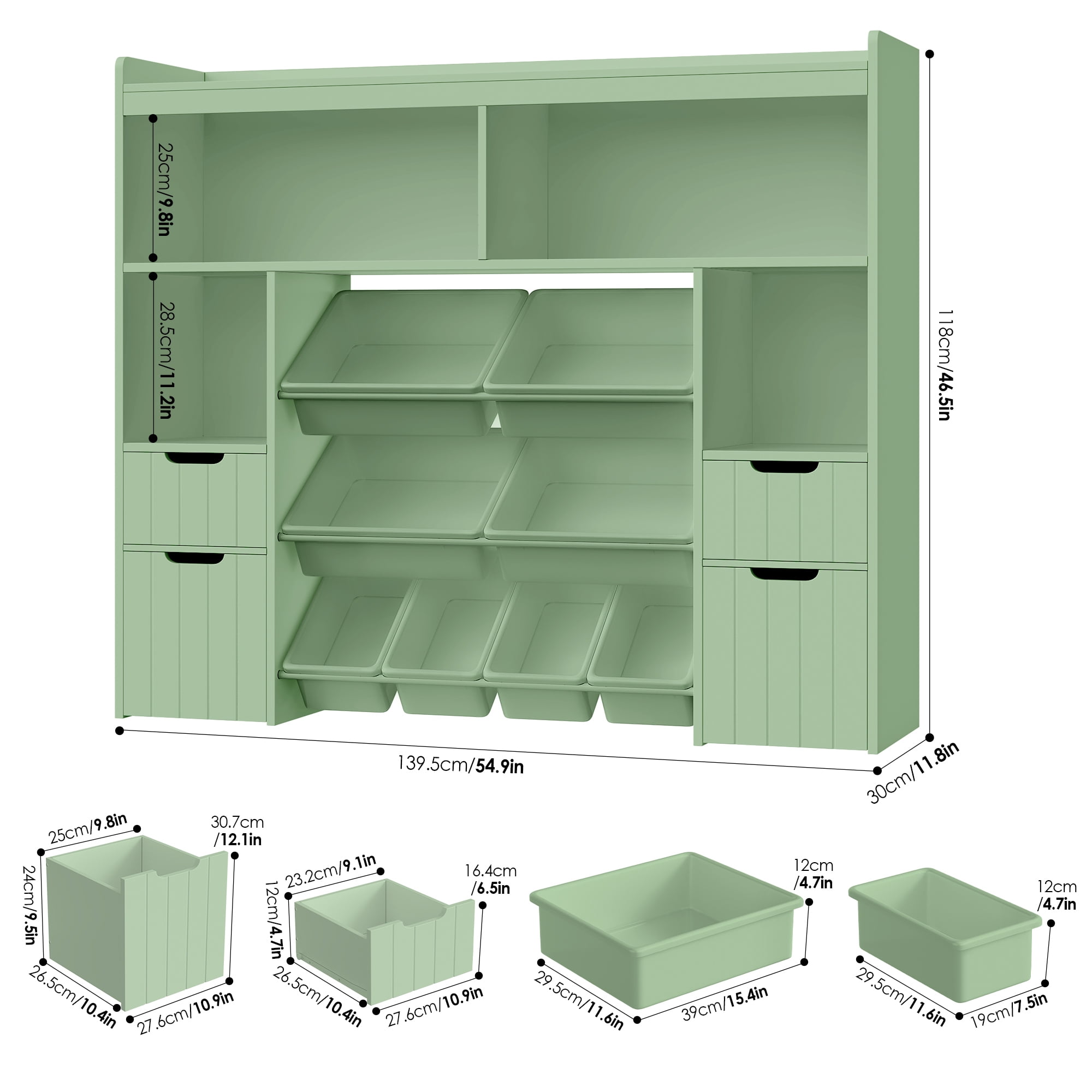 Homfa Kids Toy Storage Organizer with Removable Bin, Kids Bookshelf and Bookcase Toy Box with Drawers for Playroom, Classroom, Green