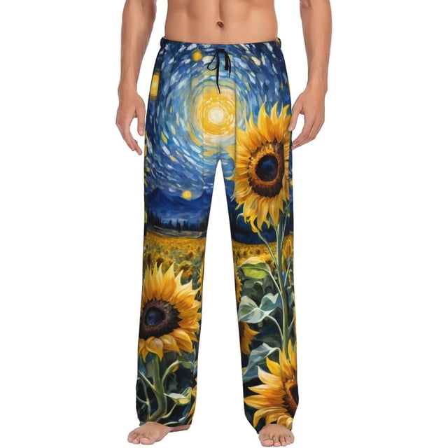 Fotbe Starry Sky Sunflower Pantalones de Pijama para Hombre, Pantalones de Dormir, Pantalones de Casa con Cintura Ajustable y Bolsillos-Medium