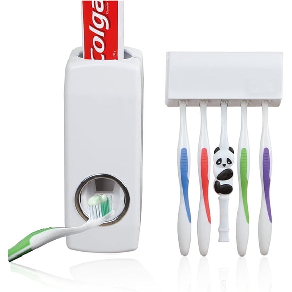 Tutuviw Toothpaste Dispenser Wall Mounted Automatic Toothpaste Squeezer and Toothbrush Organizer Holder(5 Brushes Slots)White