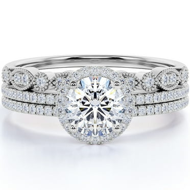 JeenMata Stunning 1.5 carat Real Moissanite Wedding Trio Ring Set with Engagement Ring and 2 Wedding Bands in 18k Gold Over Silver