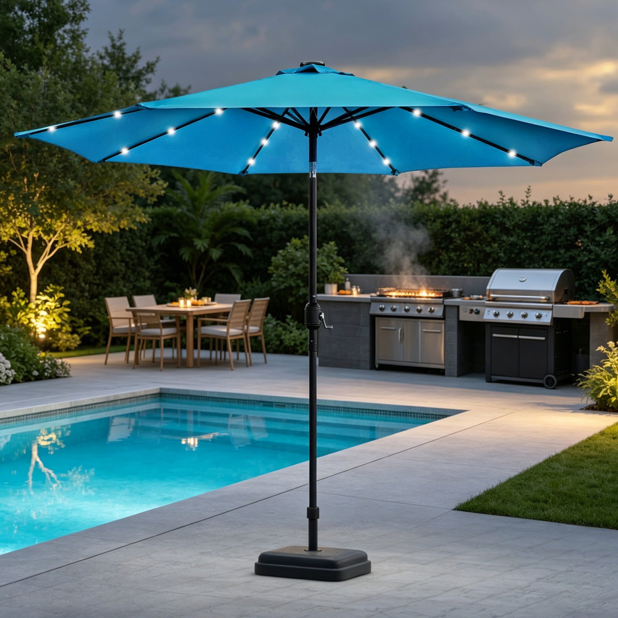 Kool Outdoor 9ft Solar LED Lighted Market Patio Umbrella with Crank and Tilt - Aqua