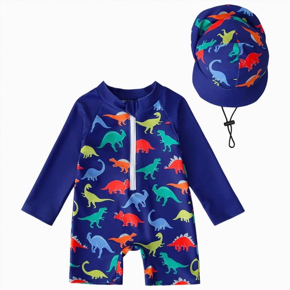 Xudanell Toddler Baby Boy Swimsuit Whale 0 3 6 12 18M Boy Bathing Suit 2 3T One Piece Zipper Rash Guard Swimwear with Hat Dark Blue for Size 12-18 Months