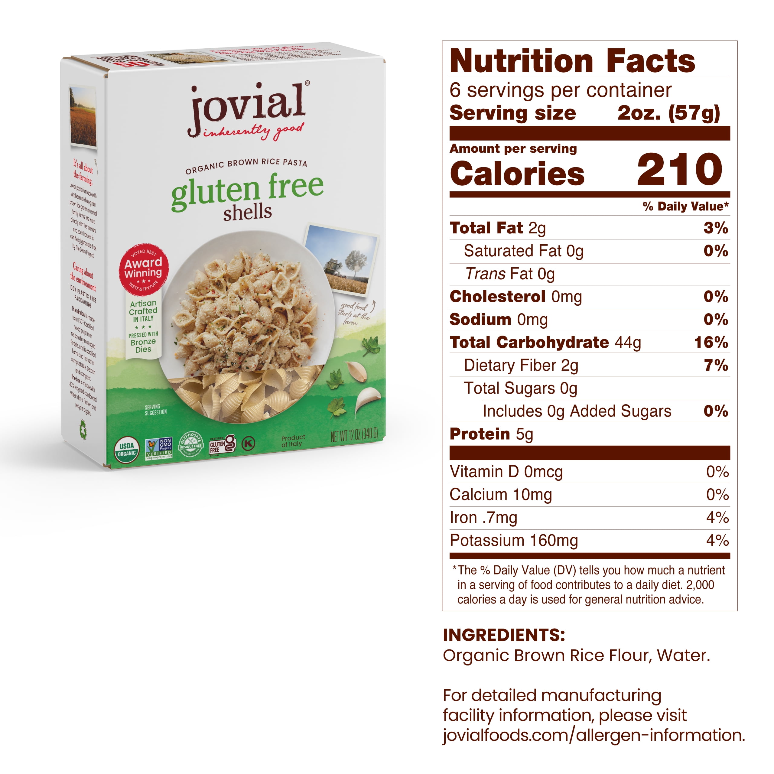 (4 pack) Jovial 100% Organic Gluten-Free Brown Rice Shells Pasta, 12 oz