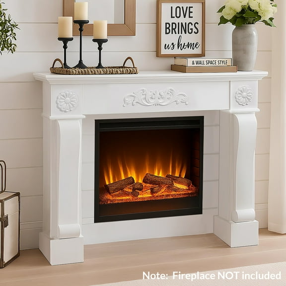 OUINCH 44.5" Fireplace Mantel, Freestanding Fireplace Surround with Leg for Electric Fireplaces, MDF Mantel Surround with Shelf for Living Room with Decorative Pattern, Anti-Tipping & Waterproof