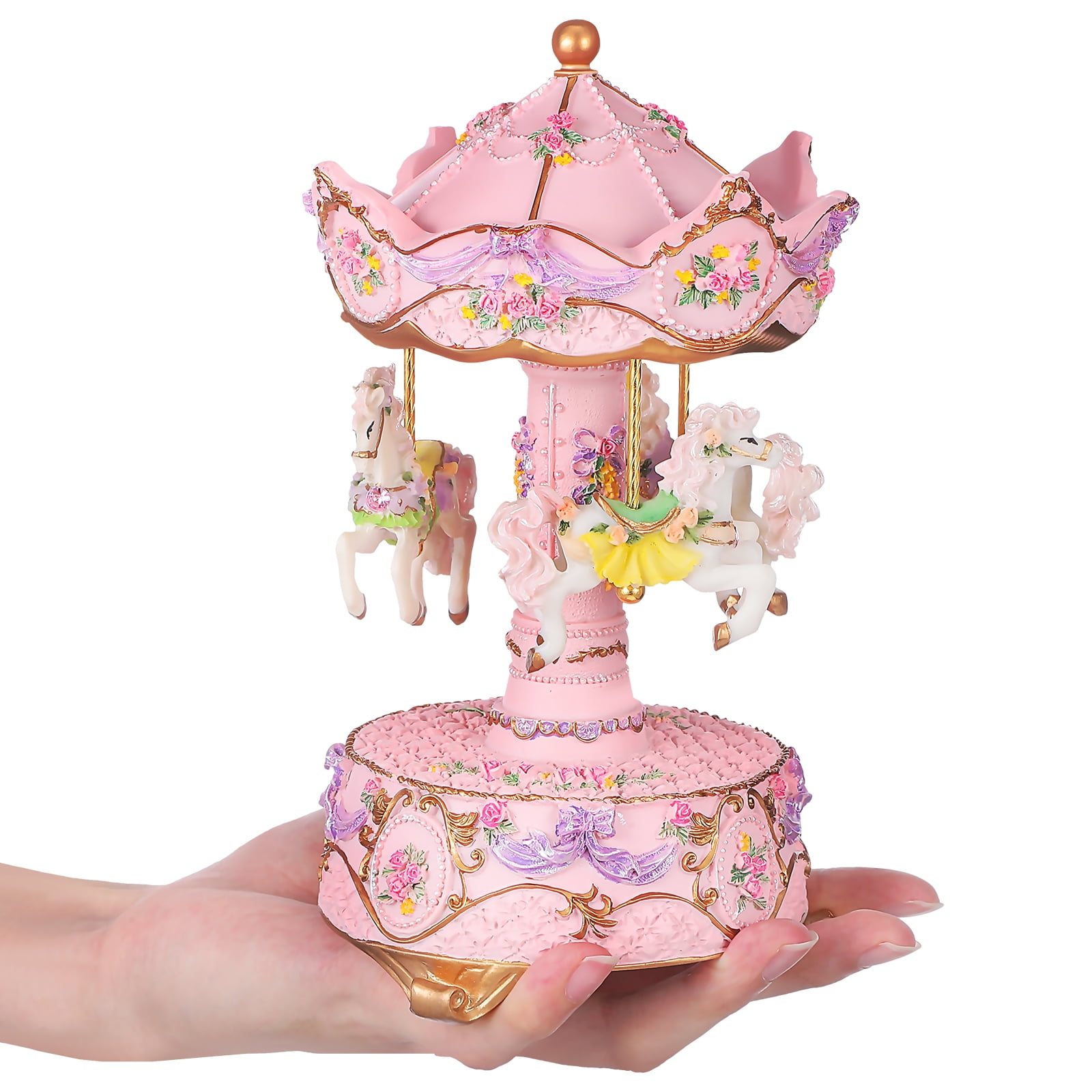 Mini Carousel Clockwork Music Box Colorful LED Merry-go-round