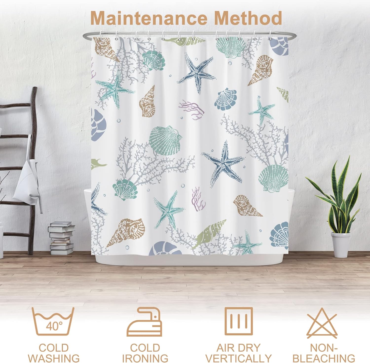 Nautical Coastal Shower Curtain, Coral Conch Starfish Seashell Bathroom Curtain, Ocean Theme Underwater Marine Shower Curtain Set with 12 Hooks for Bathroom 72" Wx72 L