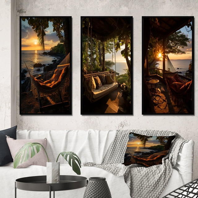 Designart "Tropical Vibes Beach Photo XXX" Nautical & Beach Framed Wall Art Set Of 3 - Yellow Beach Frame Gallery Set For Office Decor