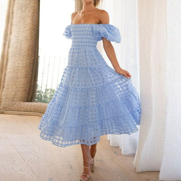 Vestido de verano liso para mujer, ropa de fiesta, elegante, con mangas abullonadas, de retazos, con hombros descubiertos, informal, holgada