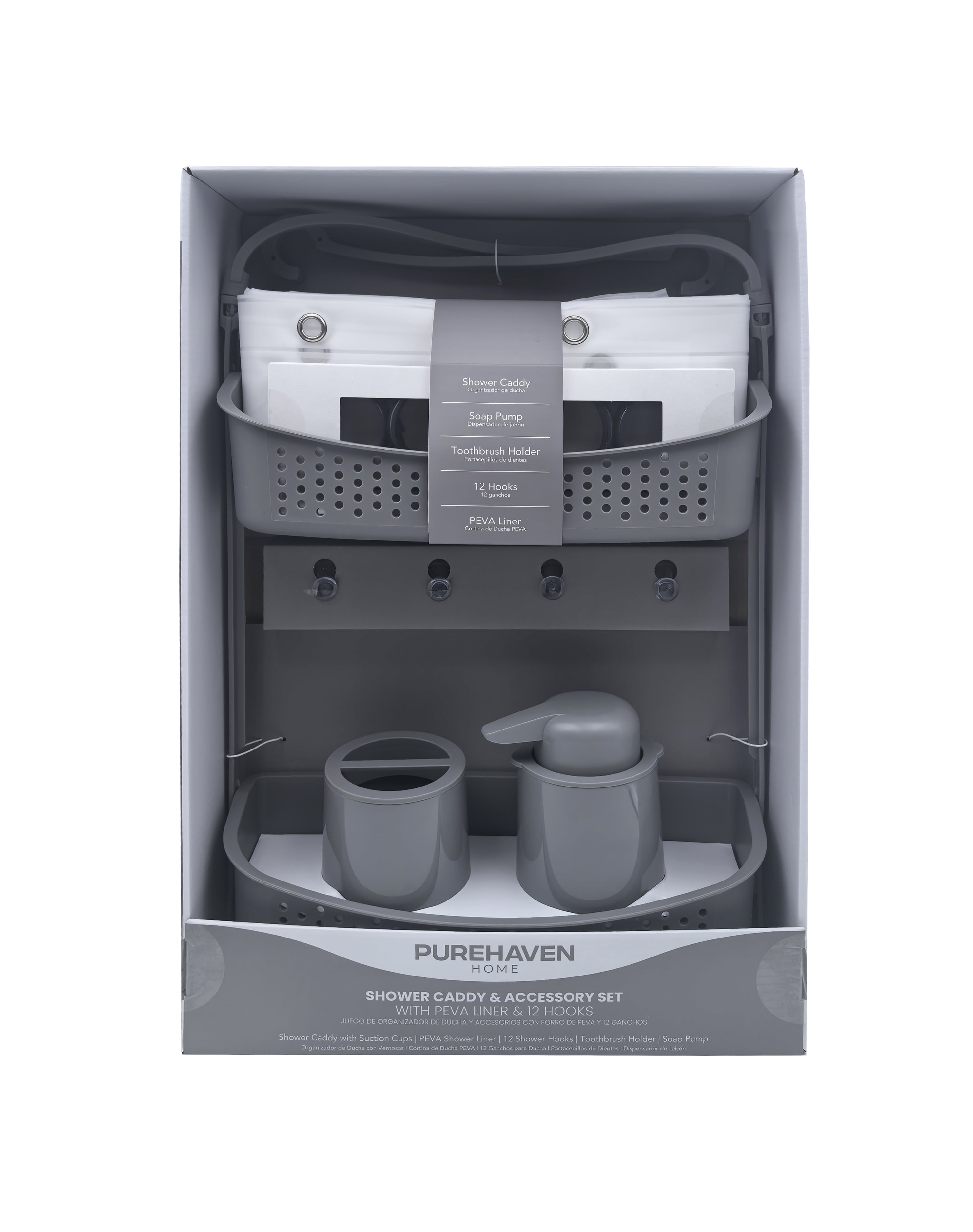 Purehaven Home Shower Caddy and Bath Accessory Set for College Dorms and Apartments, Grey
