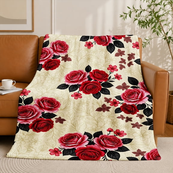 SPXUBZ Red Rose Floral Flannel Fleece Blanket, Romantic Flower Throw Blanket, Soft Cozy Warm Blanket for Bedroom Sofa Couch Home Decor