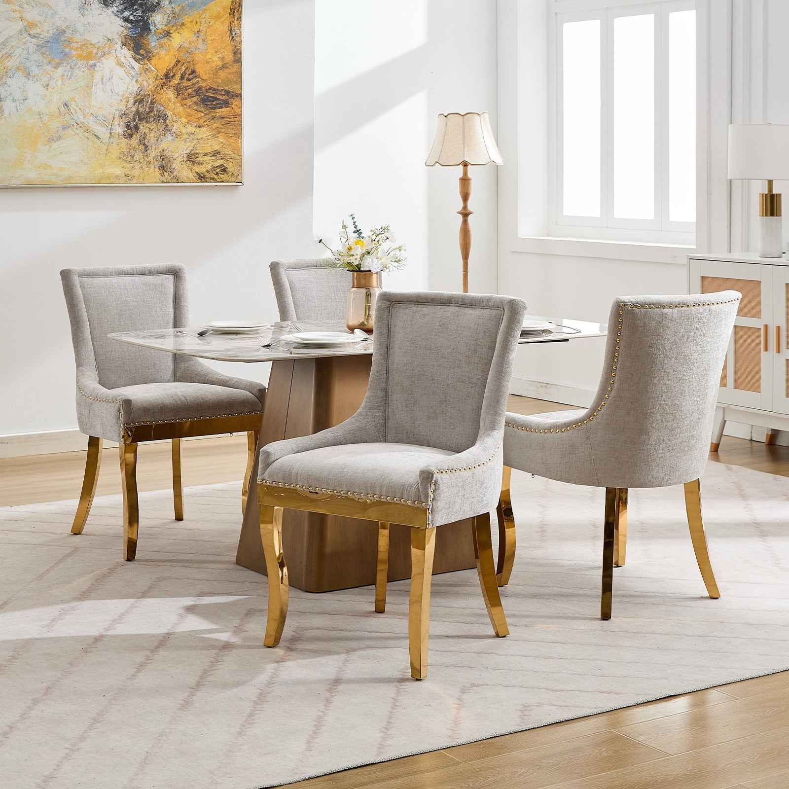 Dining Chairs Set of 8, Kitchen & Dining Room Chairs, Chenille Fabric Upholstered Dinning Chairs, Sillas De Comedor, Nailhead Trim, Metal Legs (Beige, 8 Pcs)