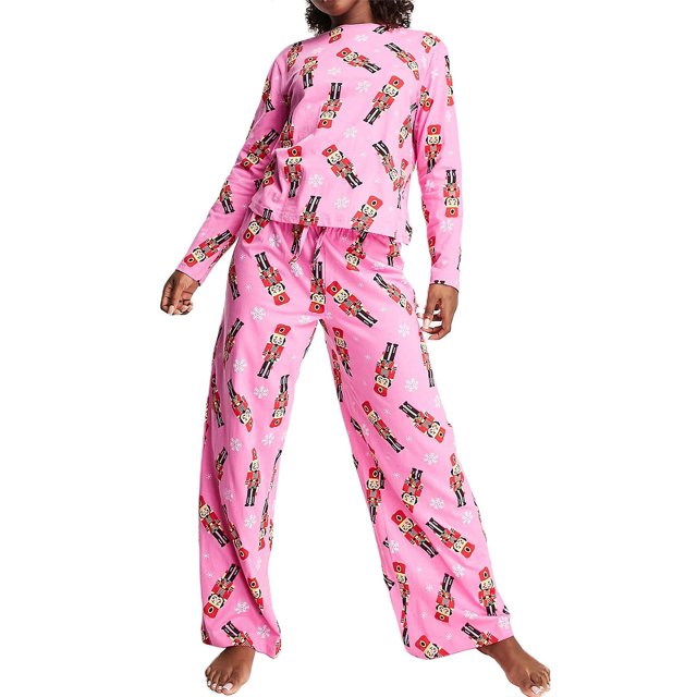 Conjunto de pijama navideño para mujer 2024, estampado de cascanueces de dibujos animados, camiseta de manga larga con cuello redondo y pantalones, ropa de dormir para estar en casa