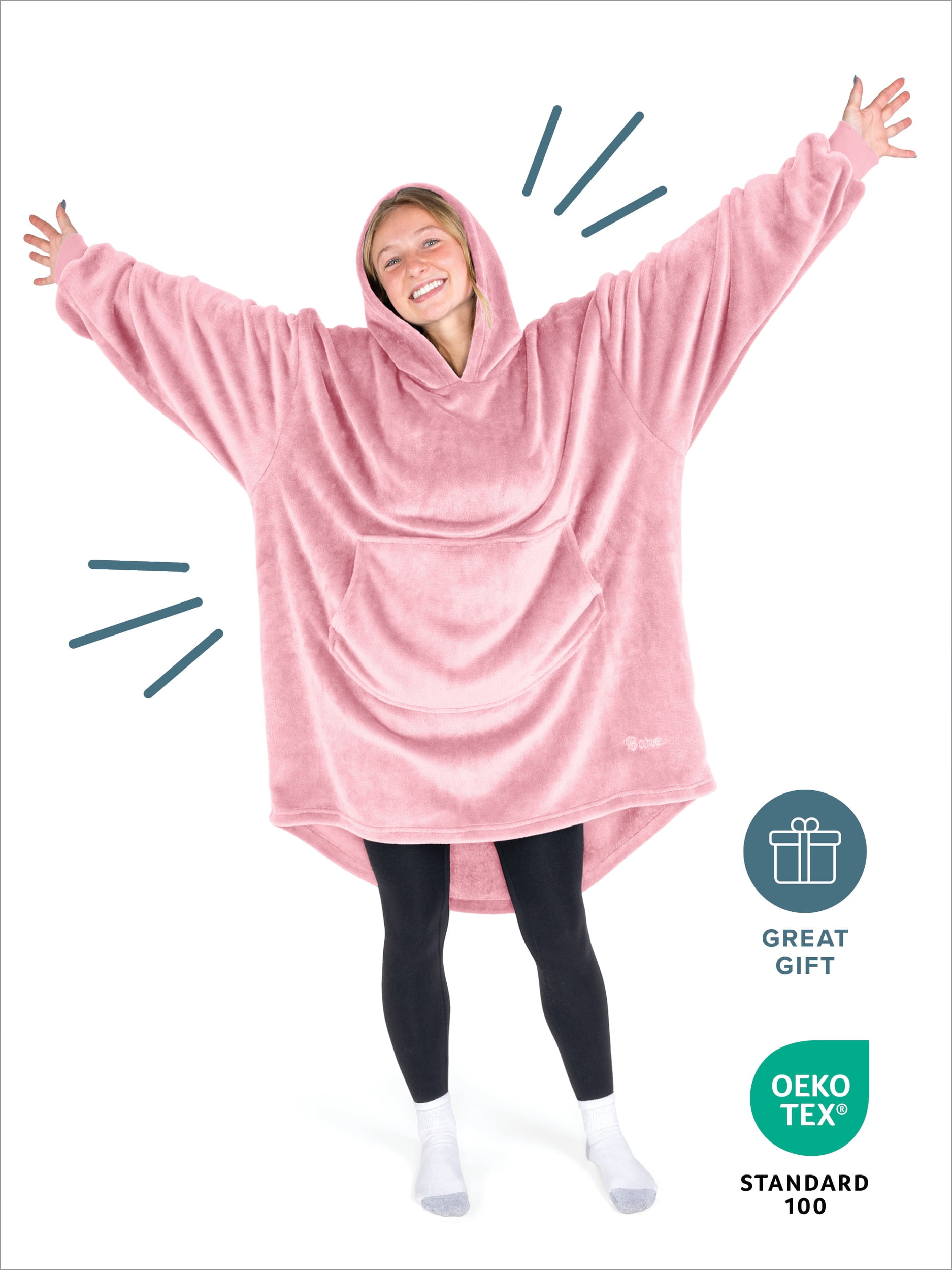 Bare Homey Adult Size Microplush Wearable Blanket, Round Trapezoid Pocket, Light Pink