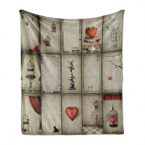 Vintage Soft Flannel Fleece Blanket, Valentines Day Inspired Hearts in Captivity Retro Elements Dresses and Cat, Cozy Plush for Indoor and Outdoor Use, 50" x 60", Tan Vermilion Pink, by Ambesonne