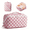 Pink Checkerboard, variant on Travel Makeup Bag for Women, Large Capacity Portable Cosmetic Bags Make up Organizer Pouch with Handle, Flat Open Toiletry Bag for Toiletries, Brush