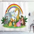 thumbnail image 1 of Wildlife Shower Curtain, Illustration of Cartoon Animals Under Rainbow Gorilla Hippo Zebra Childhood Theme, Fabric Bathroom Set with Hooks, 69W X 75L Inches Long, Multicolor, by Ambesonne, 1 of 3