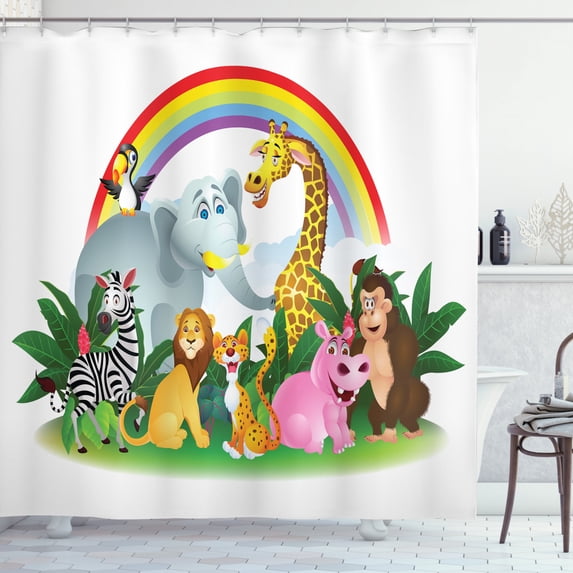 Wildlife Shower Curtain, Illustration of Cartoon Animals Under Rainbow Gorilla Hippo Zebra Childhood Theme, Fabric Bathroom Set with Hooks, 69W X 75L Inches Long, Multicolor, by Ambesonne
