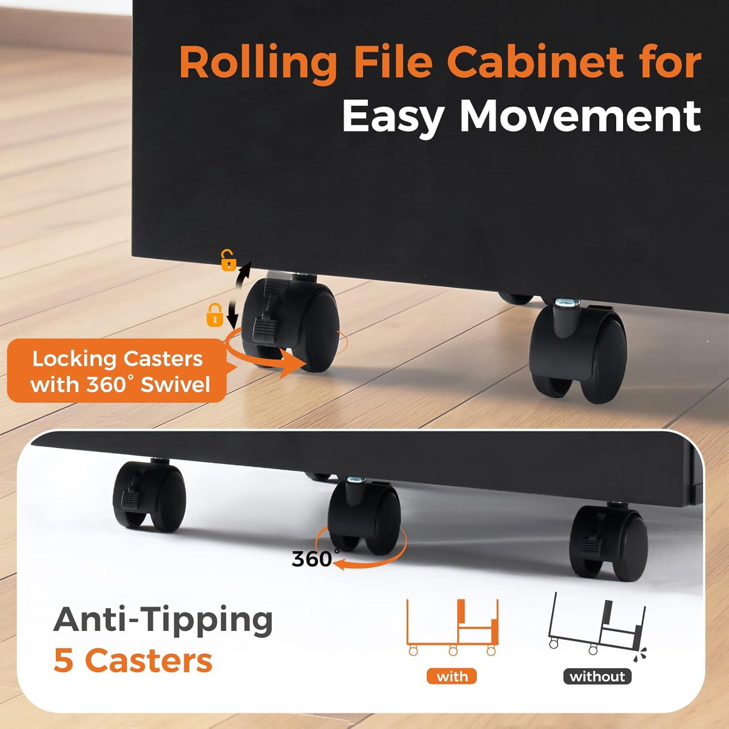 JIOABL 2 Drawer Rolling File Cabinet with Lockable Wheels, Mobile Printer Stand with Storage, Black, 1 Set