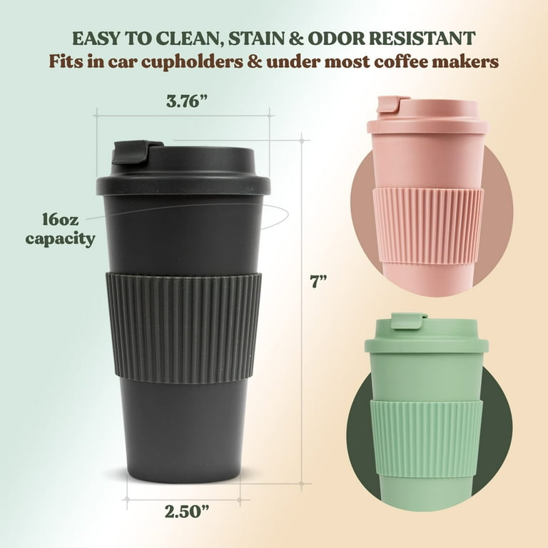 FEBU Plant-Based Reusable Coffee Cup with Lid and Sleeve | 16oz, Sage Green  | Portable Travel Mug made from Bamboo | Dishwasher Safe, Zero Waste, ...