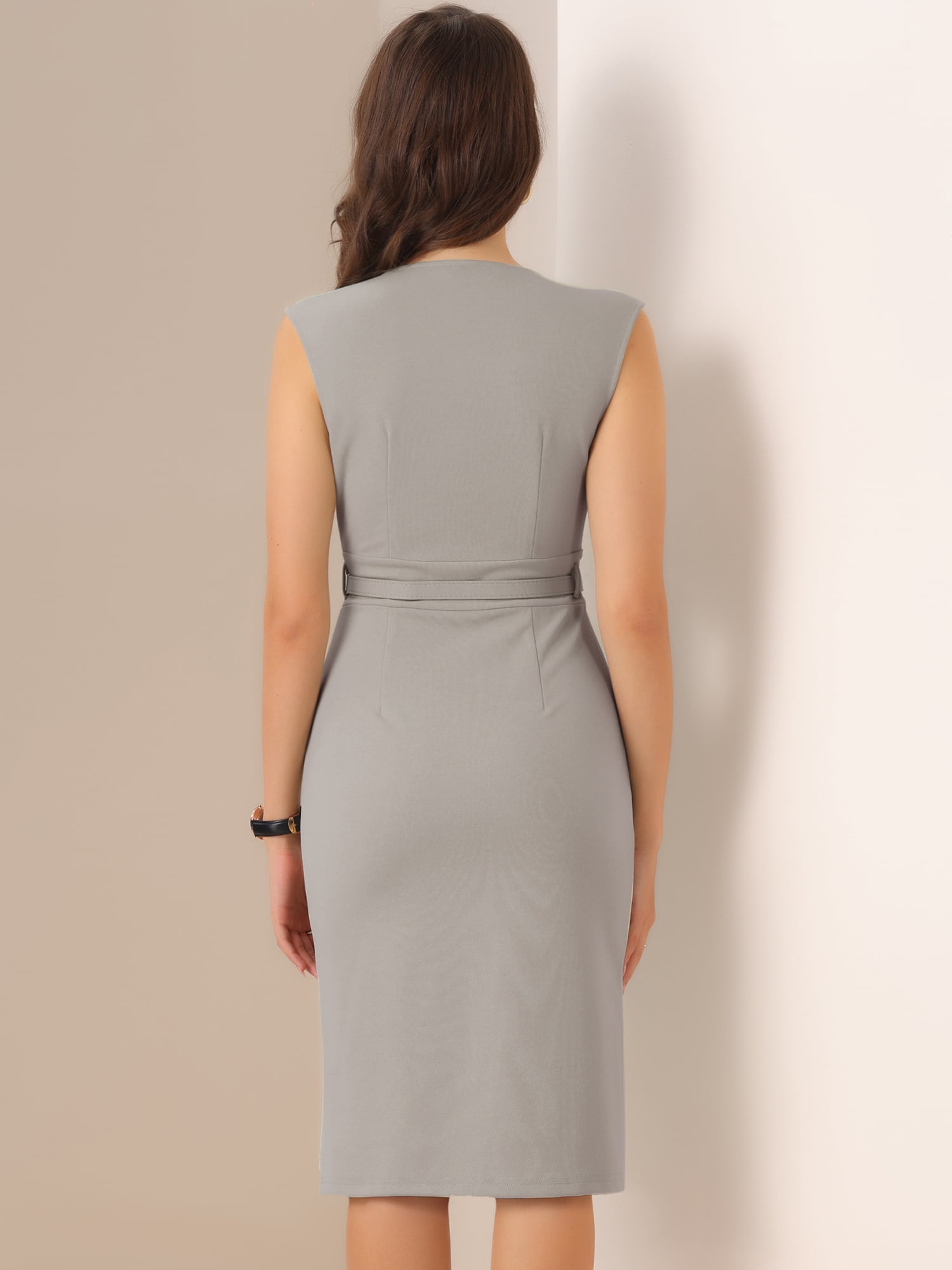 DARING DIVA Women's Wrap V Neck Office Belt Sleeveless Pencil Dress M Gray